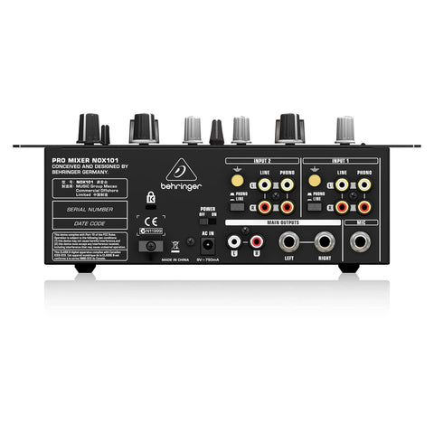 Rear view of Nox101 Premium 2 Channel DJ Mixer with Full VCA Control and Ultraglide Crossfader, showing input and output ports.