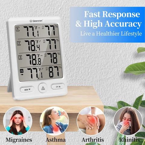 Indoor Outdoor Thermometer With 3 Remote Sensors Wireless Digital Hygrometer And Temperature Humidity Monitor With Large LCD Real Time Readings Max Min History Comfort Indicator 200 Ft Range on shelf