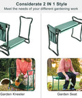 Two In One Garden Kneeler And Seat For Easy Weeding Flip Over Stool shown in kneeling and sitting positions with tool pouch