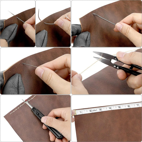 Step-by-step use of the All-In-One Leather Sewing Kit With Waxed Thread, 40-Piece Awl Set, Extra Awls, 24 Leather Needles