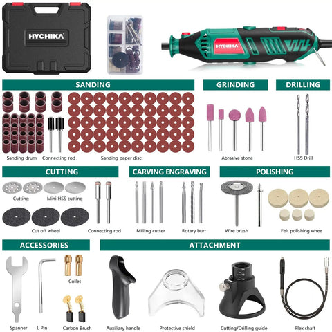 Do-It-All 180W Rotary Tool Kit with Flex Shaft, 173-piece accessory set for cutting, sanding, engraving, polishing, detailing.