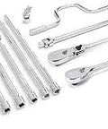 15 Piece Half Inch Drive Ratchet And Tool Accessory Set With 84 Tooth Teardrop Ratchets Flush On Off Lever For Greater Access