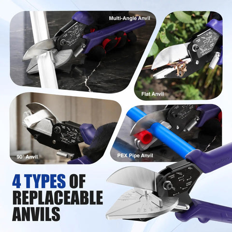 Versatile Miter Shears With Four Dedicated Cutting Slots For Hella Accurate Trim Work And Quarter Round Corners. Four replaceable anvils shown.