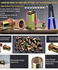 Rivet Nut Tool Kit With 860 PCS SAE And Metric Rivet Nuts Handy Nutsert Tool Set displayed with rivet nuts and manual tool