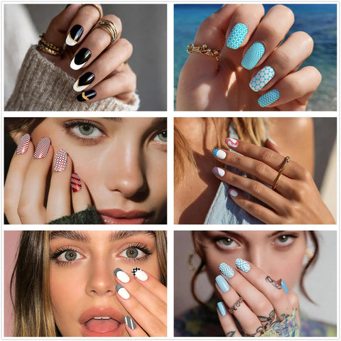 Premium Nail Stamping Plates Set Of Three Featuring Killer French Tip And Geometric Checkerboard Patterns showing various nail designs including geometric patterns.