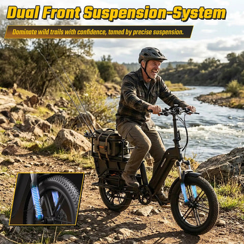 Family Cargo Ebike With Built In Child Seat And Rear Guardrail, 1500W Peak Motor, 20 Inch Fat Tires, Removable 48V 15Ah Battery, Dual Hydraulic Brakes, LCD And App Control, 7 Speed Step Through Electric Bicycle For Everyday Family Adventures on a river trail
