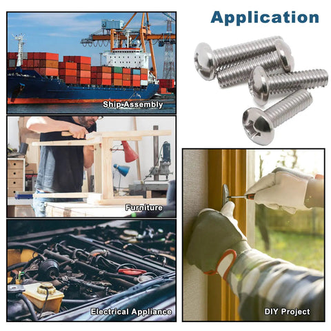 Applications of 1/4-20 pan head machine screws 1/2 inch full thread 304 stainless steel 18-8, including ship assembly and DIY projects.