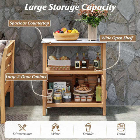 Dope Patio Wood Storage Cabinet For Outdoor Kitchen Acacia Buffet With Marble Style Countertop Open Shelf And Two Doors Sideboard Organizer