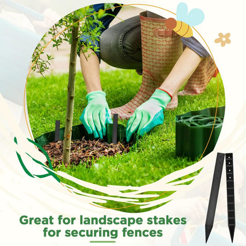 Person installing 24 Piece 12 Inch Heavy Duty Landscape Lawn Garden Border Stakes Set Black Plastic Stakes for DIY yard edging