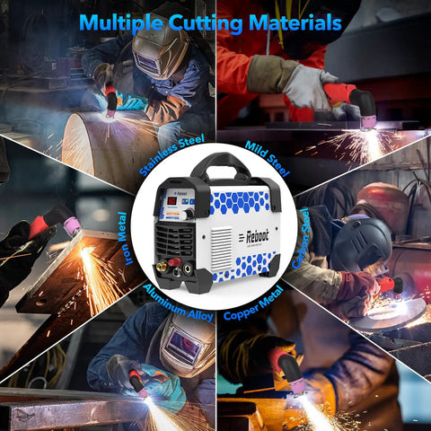 "Upgraded 60Amp Plasma Cutter With Dual 120 And 240V Inverter IGBT High Frequency Non Touch Arc Start 2025 Model shown cutting various metals"