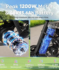Powerful 1200W Peak Electric Trike For Adults With 48V System Long Range Up To 70 Miles Brushless Motor For Smooth Acceleration And Easy Hill Climb Ideal For Daily Commute And Errands, motor and battery close-up