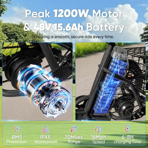 Powerful 1200W Peak Electric Trike For Adults With 48V System Long Range Up To 70 Miles Brushless Motor For Smooth Acceleration And Easy Hill Climb Ideal For Daily Commute And Errands, motor and battery close-up