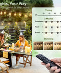 Image showing 200Ft LED Outdoor String Lights With Remote Dimming Timer And 3 Lighting Modes, highlighting remote and settings.