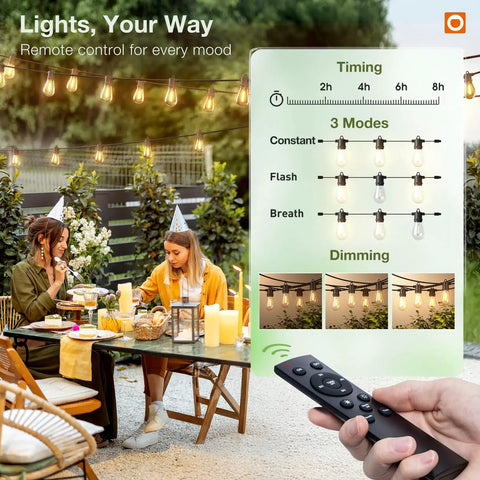 Image showing 200Ft LED Outdoor String Lights With Remote Dimming Timer And 3 Lighting Modes, highlighting remote and settings.