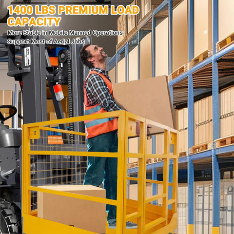Straight Up Heavy Duty Forklift Safety Cage With Collapsible Basket And Lockable Swivel Wheels For Aerial Work Platforms 43 By 45 Inches 1400 Lbs used for lifting boxes.