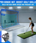Heavy Duty Golf Hitting Net 10x7ft With Extra Striking Net For Backyard Practice Indoor Outdoor Use, person practicing swing