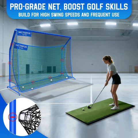 Heavy Duty Golf Hitting Net 10x7ft With Extra Striking Net For Backyard Practice Indoor Outdoor Use, person practicing swing