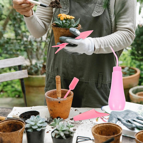 Succulent Planting Kit For Pots And Bonsai Care 5 Piece Pink Garden Tool Set With Transplanting Trowel Spade Fork Tweezers And Sheath For Indoor Outdoor Gardening in use with potted succulents