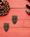 Cool 12 Pack Iron Wood Box Latches With Keyholes, Fancy Antique Toggle Buckles For Chests And Jewelry Boxes, Total Vibe Upgrade For Your Craft DIY Projects. Two iron box latches on red wood