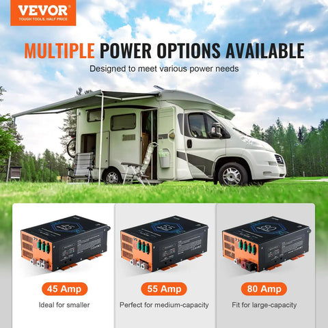 Image showcasing Straight Up Solid 45 Amp RV Converter 120V AC To 12V DC Smart Battery Charger with various sizes, ideal for camping.