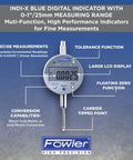 Ind-X Blue Digital Indicator with 1.0 Inch 25mm Measuring Range and 0.0005 Inch Resolution display and features overview