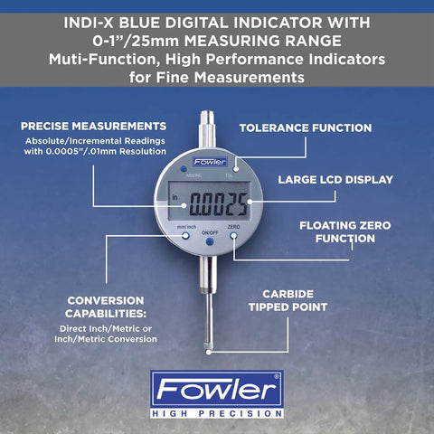 Ind-X Blue Digital Indicator with 1.0 Inch 25mm Measuring Range and 0.0005 Inch Resolution display and features overview