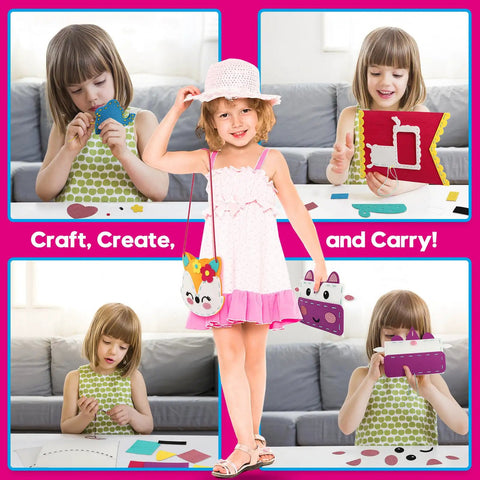 DIY Felt Sewing Kit For Kids Aged 5 To 10 7 Easy Projects Like Fox Bag, Unicorn Pillow used by child for sewing and crafting