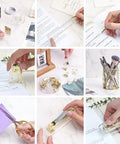 Collage of Gold Acrylic Office Desk Accessories Set With Stapler And Staples, Staple Remover, Tape Holder, Ruler, Scissors in use