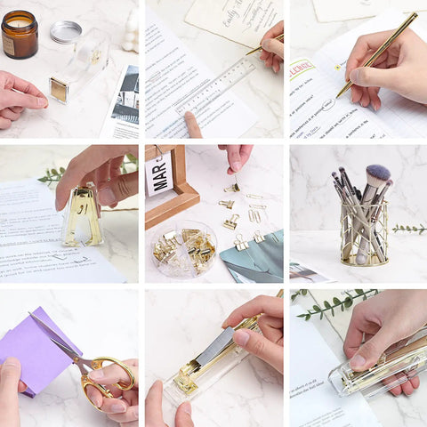 Collage of Gold Acrylic Office Desk Accessories Set With Stapler And Staples, Staple Remover, Tape Holder, Ruler, Scissors in use