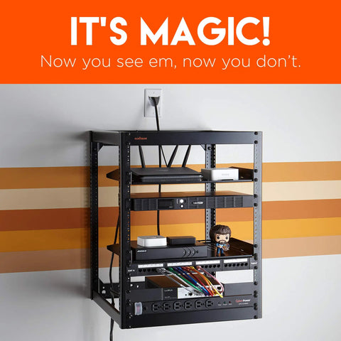 Rack setup with devices and visible cables before using White In-Wall Cable Hider Kit For Single Gang Pass-Through