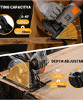 Heavy Duty 1200W Corded Circular Saw Featuring 165 Millimeter 24 Tooth Blade And Blazing 4800 Rpm showing angle and depth adjustments.