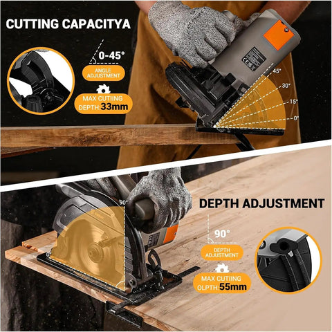 Heavy Duty 1200W Corded Circular Saw Featuring 165 Millimeter 24 Tooth Blade And Blazing 4800 Rpm showing angle and depth adjustments.