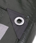 Heavy Duty Waterproof Tarp 29 Ft 2 In By 59 Ft Reversible Green Silver 8 Mil Multi Use Cover showing reinforced grommet corner