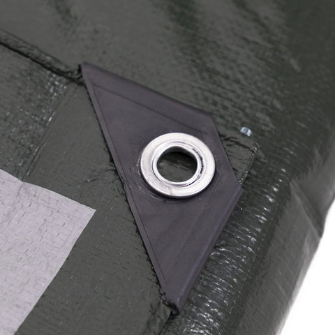Close-up of Heavy Duty 8 By 10 Foot Tarp Pack Waterproof Reversible 8 Mil Multi Use Cover Green Silver Weatherproof grommet detail