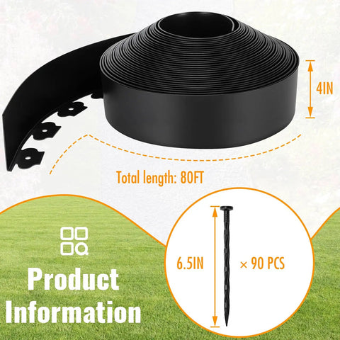 4 Inch Tall Landscape Edging 80 Foot Roll With 90 Anchoring Spikes And 5 Connectors shown with dimensions and product info
