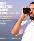 Person using Slope Adjusted Golf Laser Rangefinder Dead Nuts Accurate With Visual Jolt Target Lock near water.