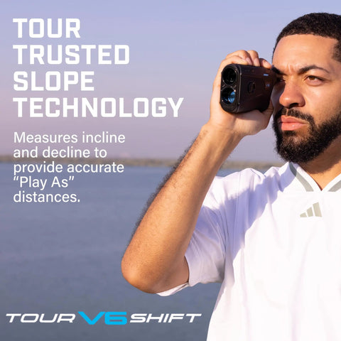 Person using Slope Adjusted Golf Laser Rangefinder Dead Nuts Accurate With Visual Jolt Target Lock near water.