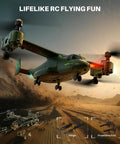 X550 RC Plane For Beginners And Adults flying in rugged terrain, showcasing military look and propeller details, high-speed mode