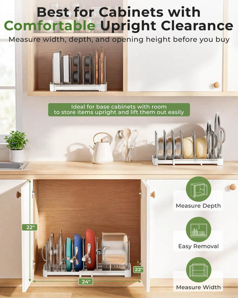 Adjustable Bakeware Organizer Pot Lid Holder Rack for Pots, Cake Molds, Cutting Boards, Mats and Cookware Storage in cabinet