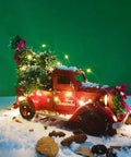 Red Metal Truck With Led String Light And Christmas Tree Ornaments Bell For Tabletop Xmas Decor And Fireplace Mantel Vintage Farmhouse Pickup Vehicle Collectible 15 Inch Large, adorned with snow and pine cones