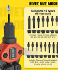Dual Function Rivet Nut Gun And Blind Rivet Tool Kit showing rivet nut mode with various metric and imperial adapters.