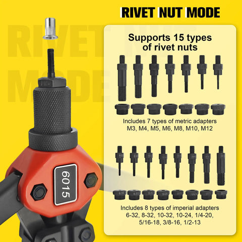 Dual Function Rivet Nut Gun And Blind Rivet Tool Kit showing rivet nut mode with various metric and imperial adapters.