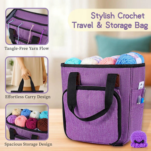 Purple carry bag with multiple yarn skeins, part of the Deluxe Beginner Crochet Kit Bundle With 116 Piece Set Of 20 Colorful Yarns Ergonomic Hooks Purple Carry Bag And Accessory Case Plus Online Tutorial For Adults And Teens A Must Have DIY Starter For Cozy Projects.
