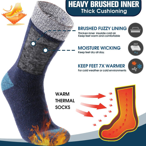 Toasty Heated Thermal Socks For Men And Women, thick insulated winter socks in blue stripes with cozy brushed inner lining details