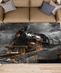 Train Junkie 4x5 Rug For Bedroom And Living Room, Steam Locomotive Design Area Rug, in living room with couch, top view