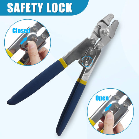 Heavy Duty Fishing Crimping Tool Kit With Stainless Steel Pliers shown with safety lock open and closed