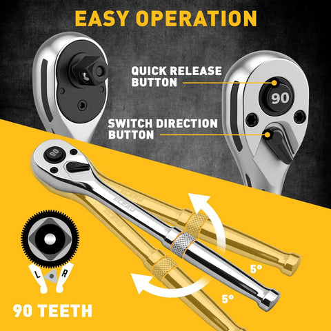 Slick Professional Grade Eight Piece 3/8 Drive Magnetic Swivel Spark Plug Socket Kit showing easy operation features, 90 teeth and quick release.