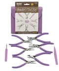 8 Piece Beading Pliers Set With Color Coordinated Tools And Orchid Leather Case For Jewelry Making Includes Chain Nose Pliers Side Cutter Pliers And Split Ring Tweezers To Craft Necklaces Bracelets And Earrings, displayed on white background.