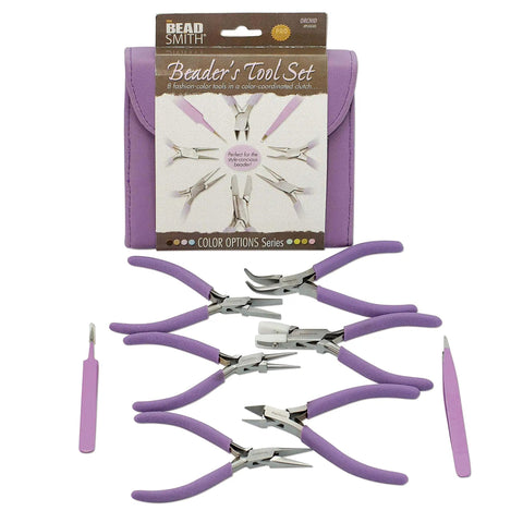 8 Piece Beading Pliers Set With Color Coordinated Tools And Orchid Leather Case For Jewelry Making Includes Chain Nose Pliers Side Cutter Pliers And Split Ring Tweezers To Craft Necklaces Bracelets And Earrings, displayed on white background.