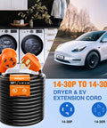 No Sweat 50 Ft Ev Dryer Extension Cord 4 Prong Nema 14 30 Plug 30 Amp 10 Awg Ul Certified Heavy Duty Cable For Quick Plug In Level 2 Electric Rig Power Boost with connectors near electric vehicle and laundry machines.